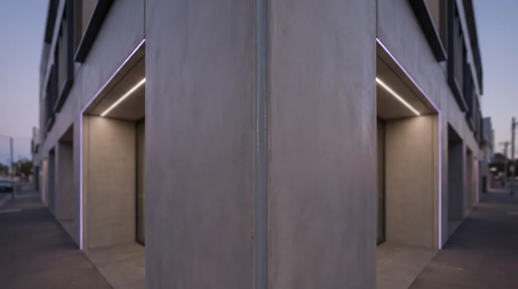Modern Melbourne commercial building corner at dusk with a clean sealed vertical expansion joint