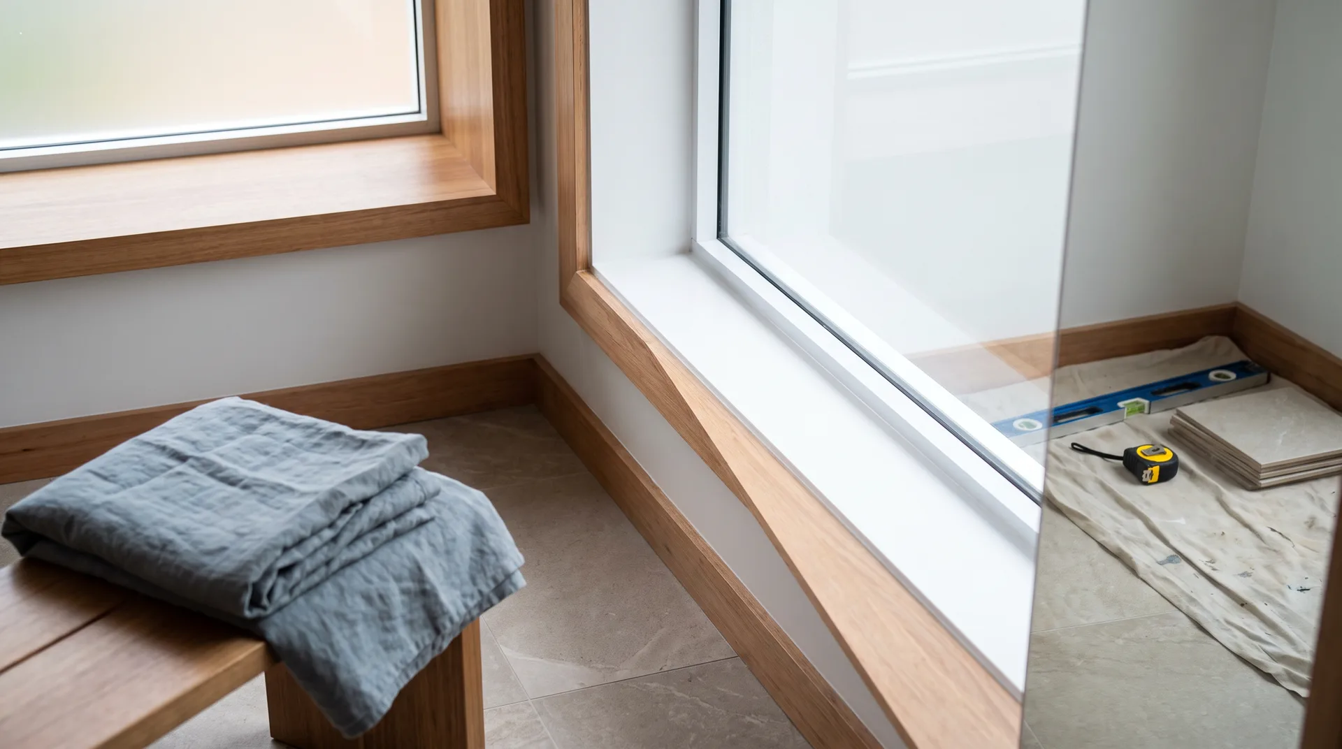 Near-finished new home interior with a freshly caulked timber window reveal, Melbourne