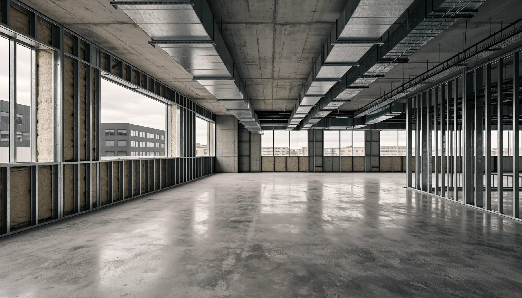 Interior of a commercial building under construction, bare concrete floor and steel stud framing