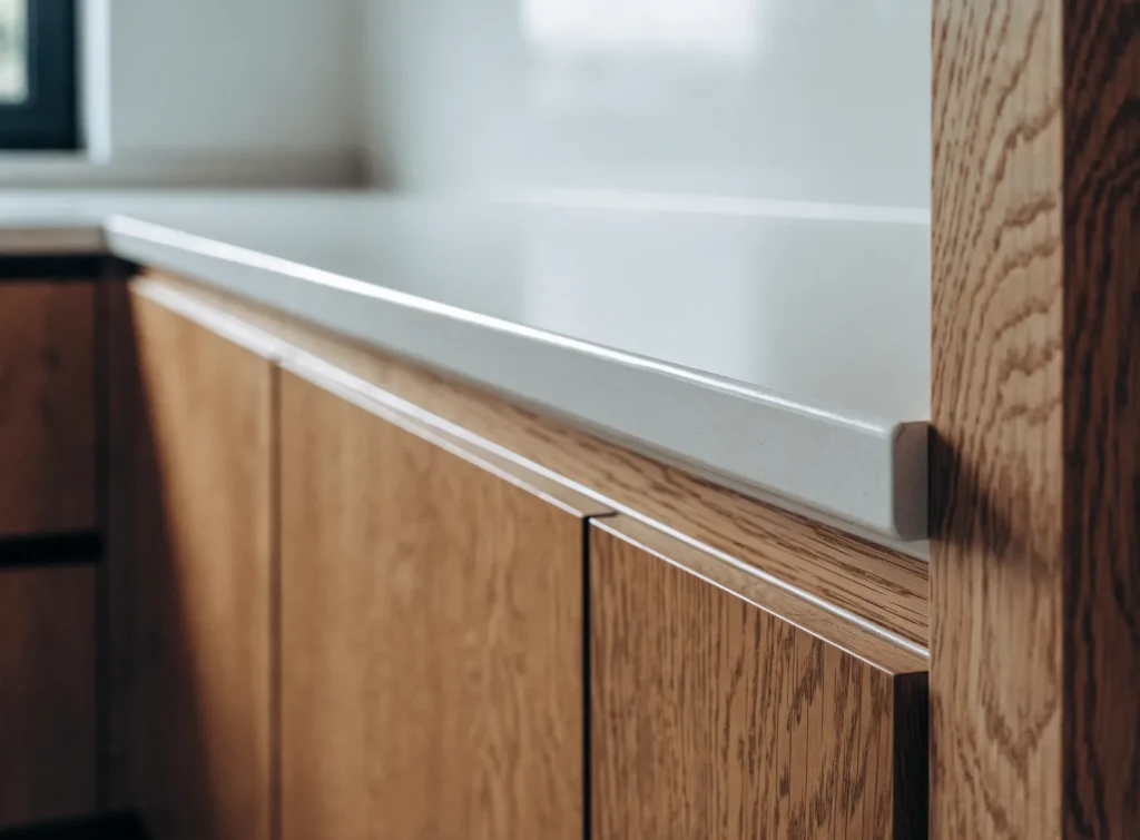 Pale benchtop meeting oak timber cabinetry at a sealed junction