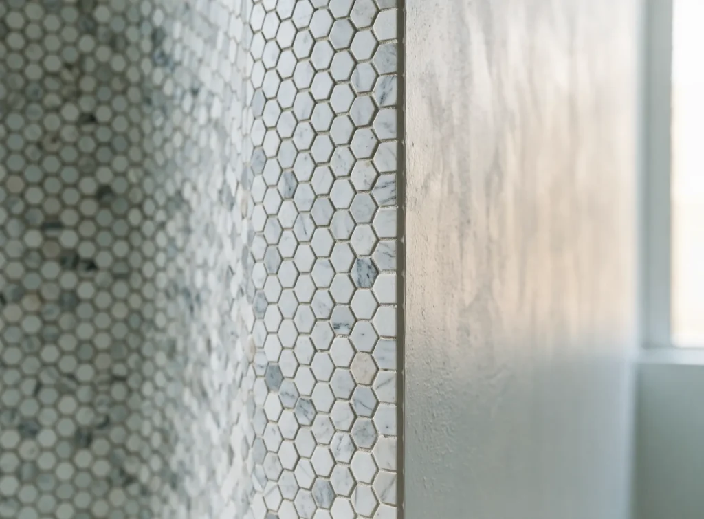 Hexagonal marble mosaic bathroom tiling meeting a plaster wall at a sealed joint